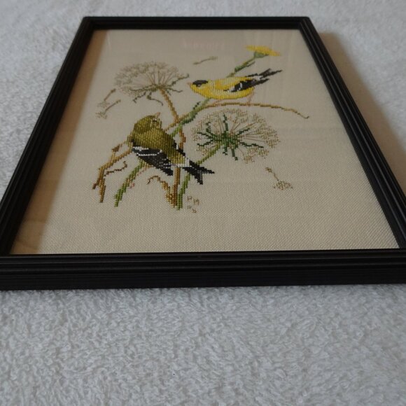 Vintage Framed Bird Embroidery Cross Stitch Canary Design 10"x13" Yellow Green - Picture 9 of 10